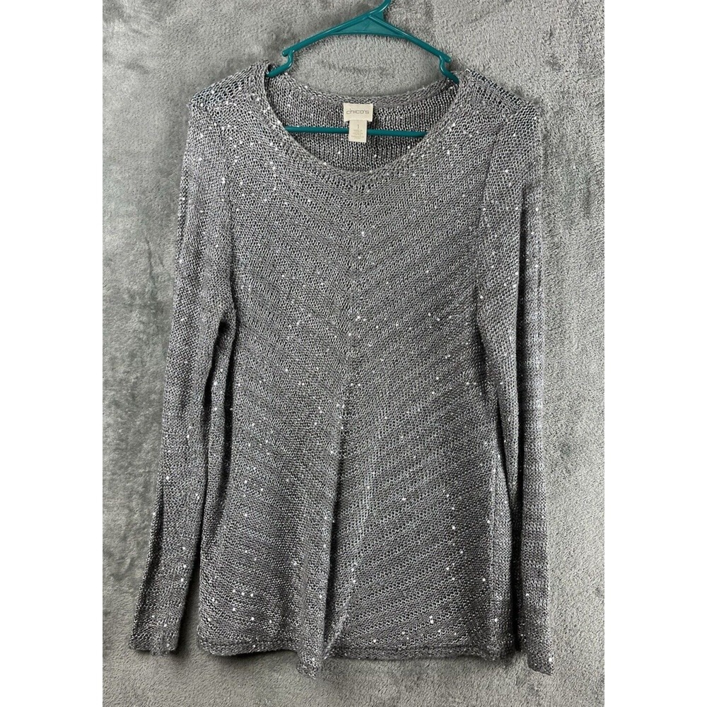 Chicos Sweater Gray Silver Metallic‎ Open Knit Sequin SZ 1 Medium Lightweight